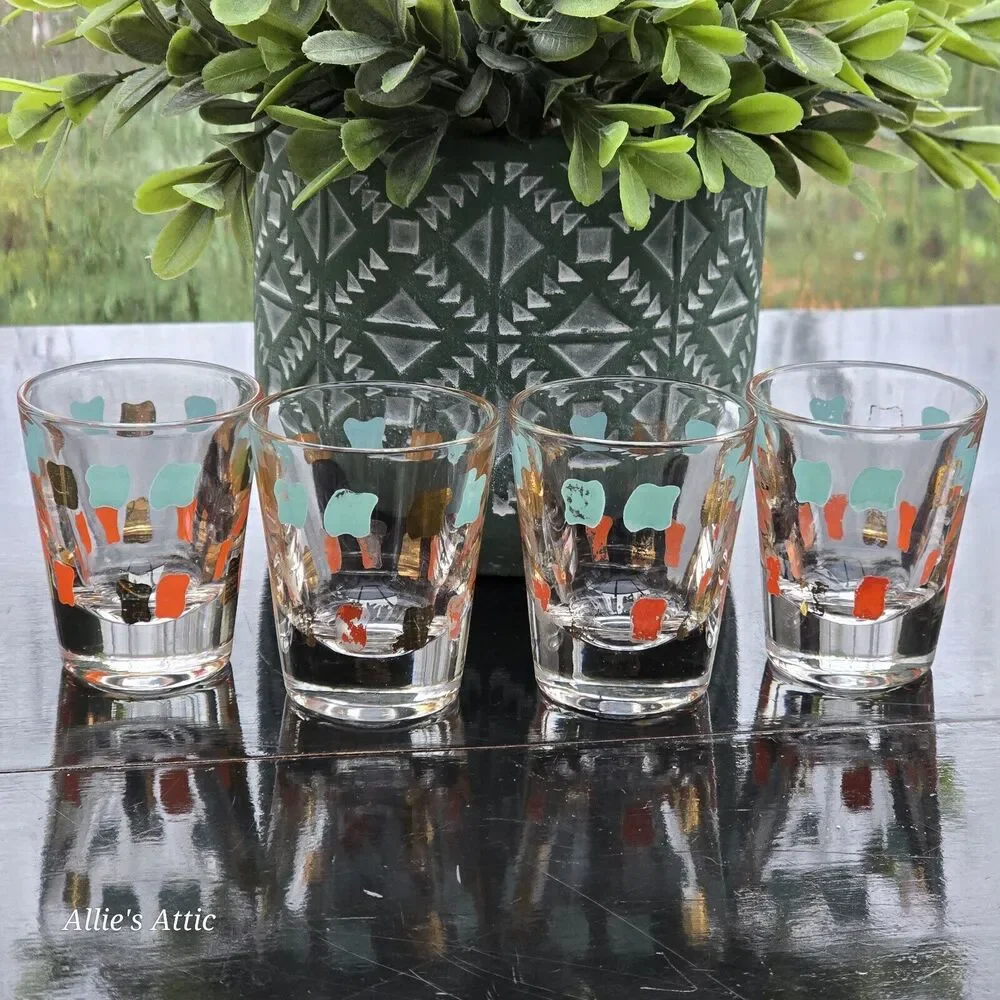 4 Vtg MCM Orange Gold Aqua Teal Blue Atomic Shot Glasses Cocktail Barware‎ Set